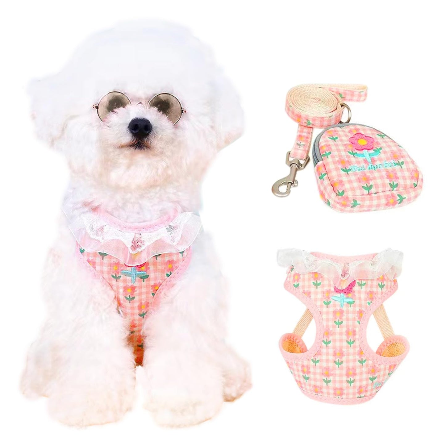 犬用ハーネス - 小型犬 猫 用ハーネス＆リードセット 通気性、簡単着脱、調節可能、安全ハンドル