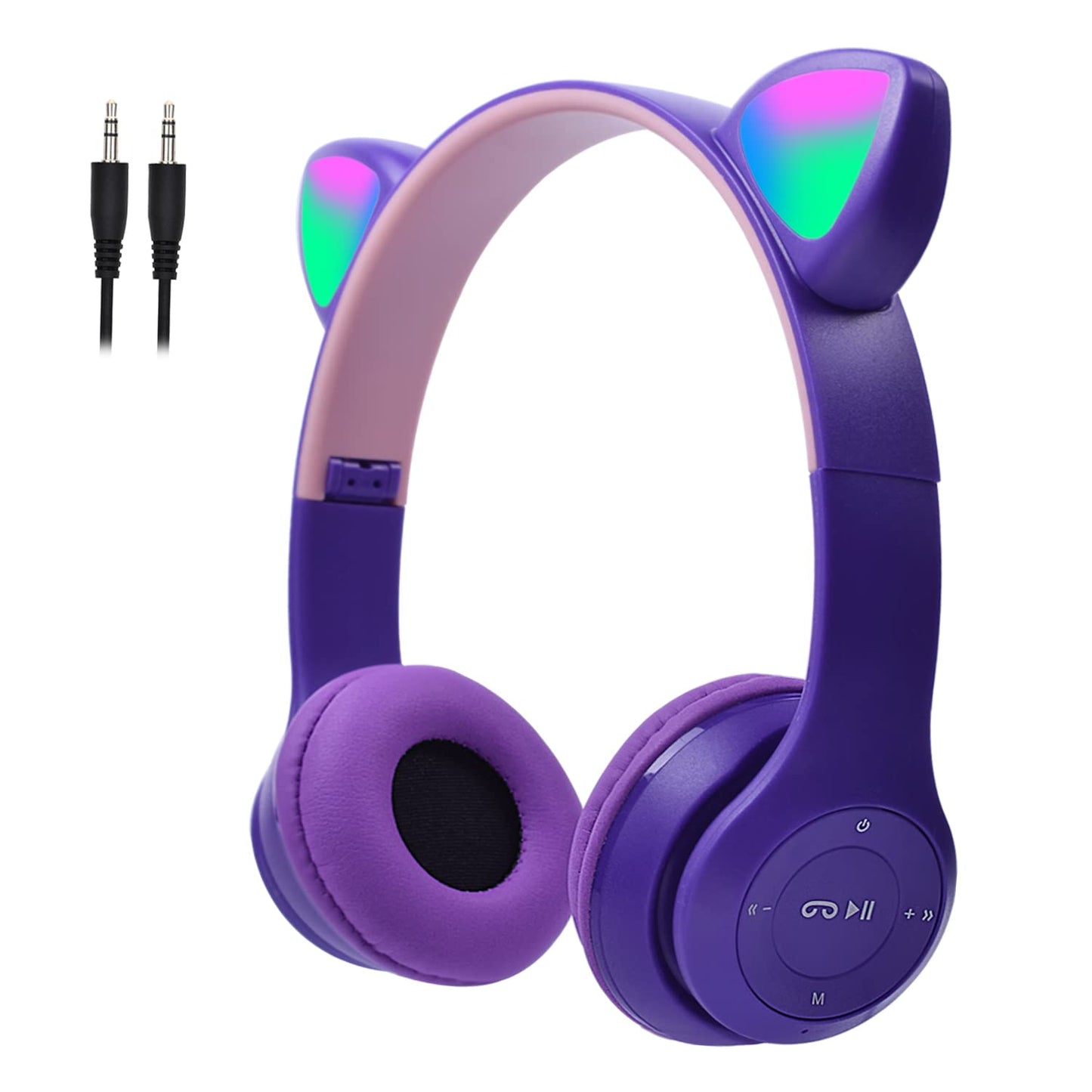 子供用ヘッドホン無線/有線ヘッドホン 85 dB安全音量制限 マイク付き 猫耳LEDライトデザイン Bluetooth5.0/ワイヤ長 1m TFカード挿入可能 サイズ調節可能 学校/タブレット/旅行/ MP3