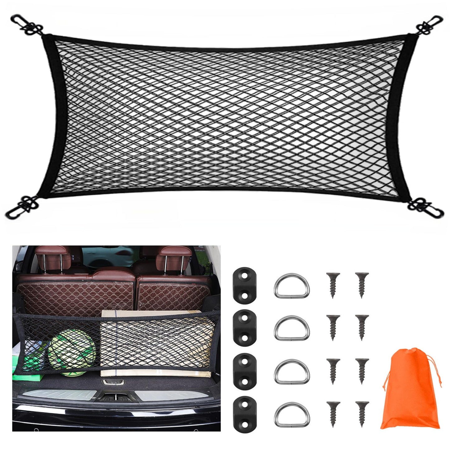 ラゲッジネット ラゲッジネット トランクネット 車用 40×90cm 二重層高弾性PPライン 超高密度メッシュ収納ネット 多機能 強力伸縮 収納スペース確保 荷物崩れ防止 収納バッグ付き D型補助フック