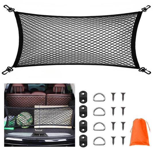 ラゲッジネット ラゲッジネット トランクネット 車用 40×90cm 二重層高弾性PPライン 超高密度メッシュ収納ネット 多機能 強力伸縮 収納スペース確保 荷物崩れ防止 収納バッグ付き D型補助フック