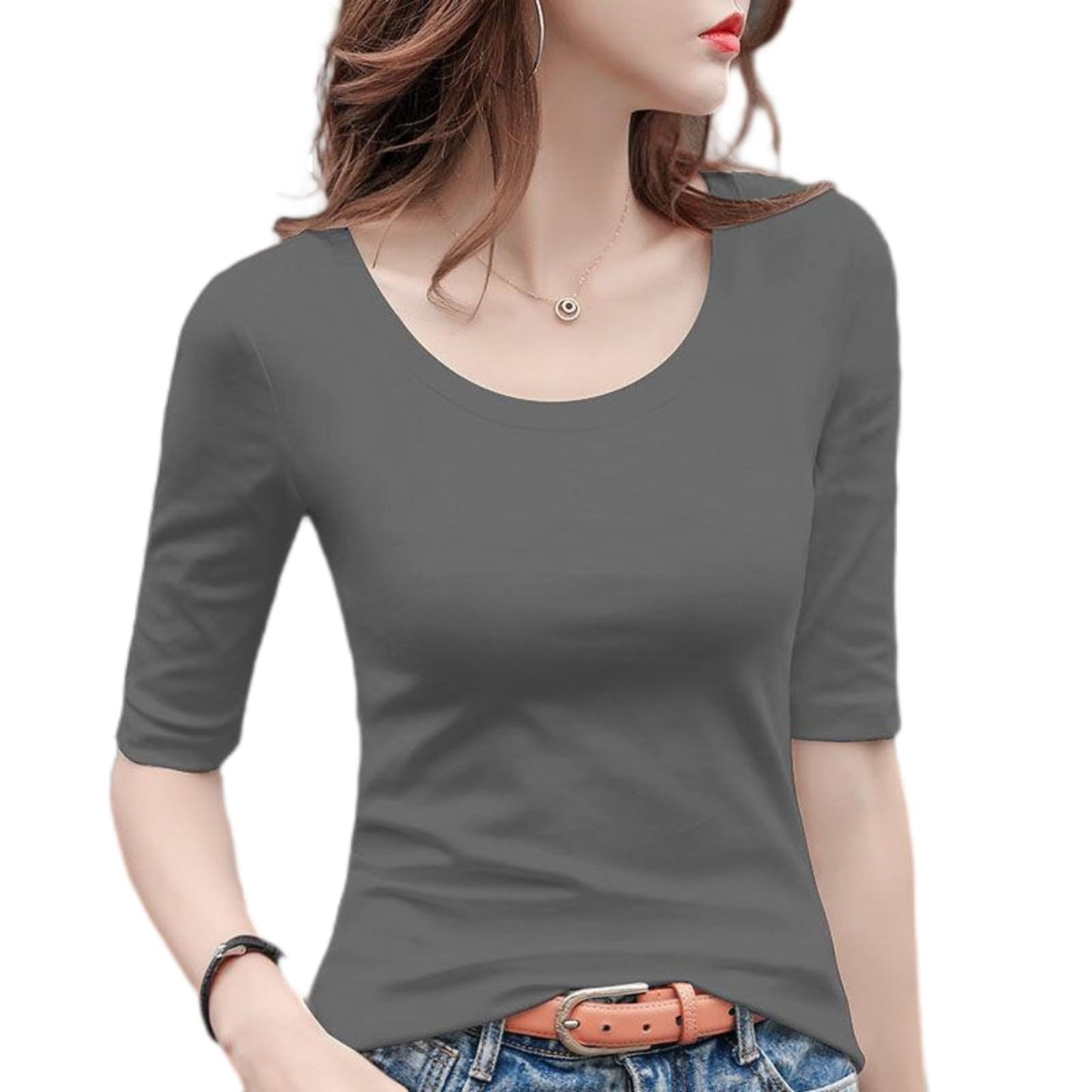 5分袖Tシャツ Tシャツ カットソー Uネック 春秋 夏 ストレッチ レディース トップス 綿 コットン 5分袖 タイト tシャツ 無地 スリム インナー シンプル カジュアル