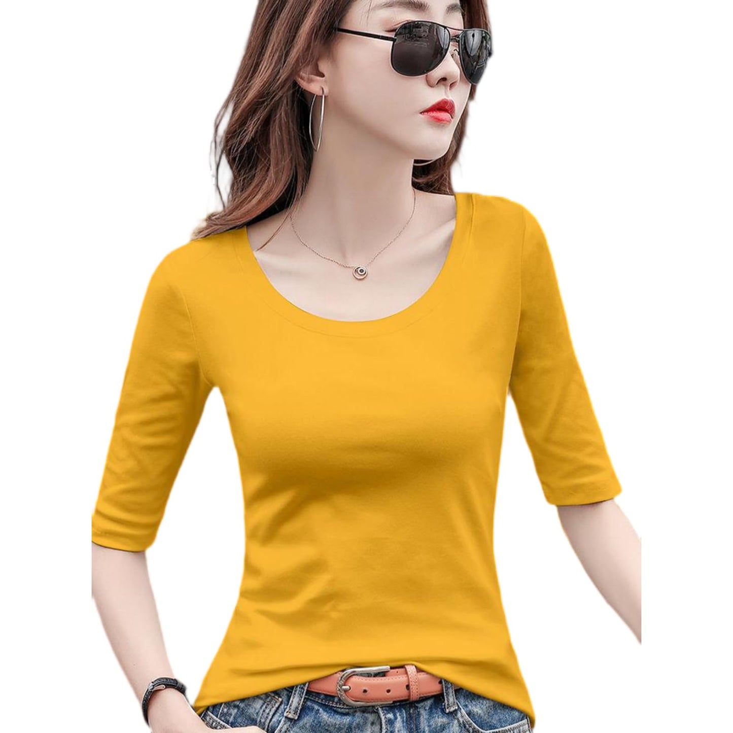 5分袖Tシャツ Tシャツ カットソー Uネック 春秋 夏 ストレッチ レディース トップス 綿 コットン 5分袖 タイト tシャツ 無地 スリム インナー シンプル カジュアル