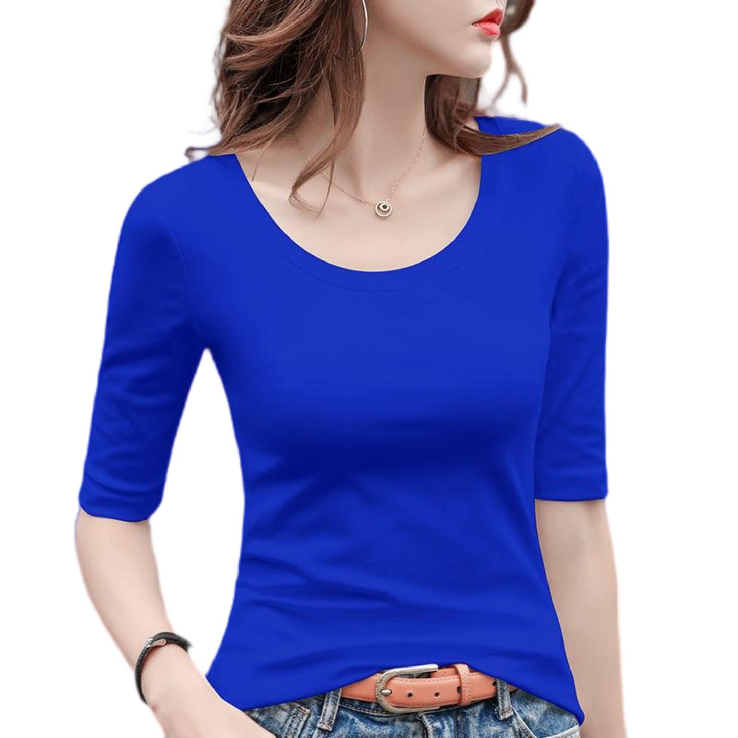 5分袖Tシャツ Tシャツ カットソー Uネック 春秋 夏 ストレッチ レディース トップス 綿 コットン 5分袖 タイト tシャツ 無地 スリム インナー シンプル カジュアル