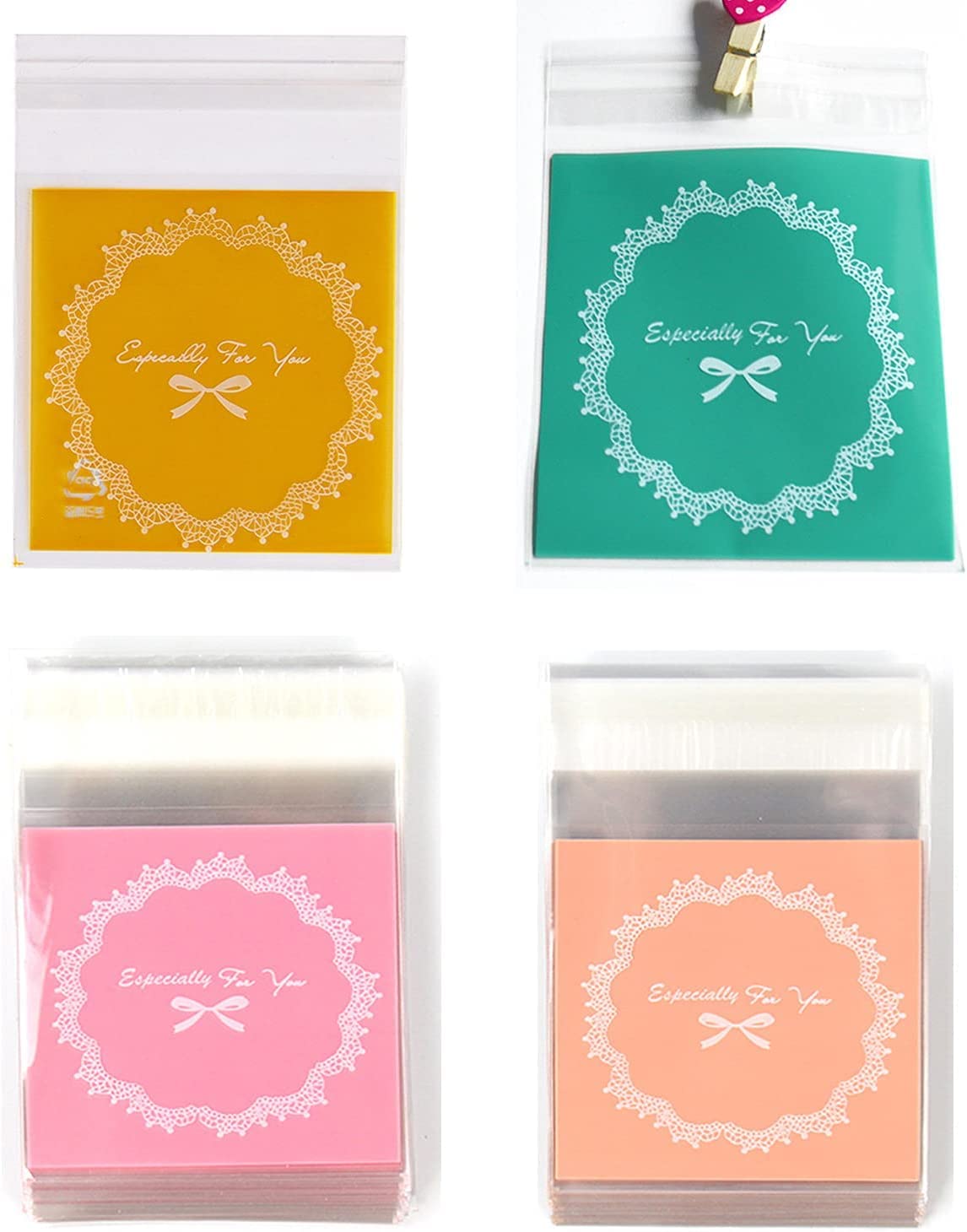 自粘着バッグ 200pcs 小分け袋 10*11+3cm 厚手半透明袋 ギフトバッグ DIY 手作り袋 ジュエリー袋 可愛いお洒落ポーチ ラッピングポーチ アクセサリー収納 小物入れプラスチックバッグ (4カラ-200pcs)