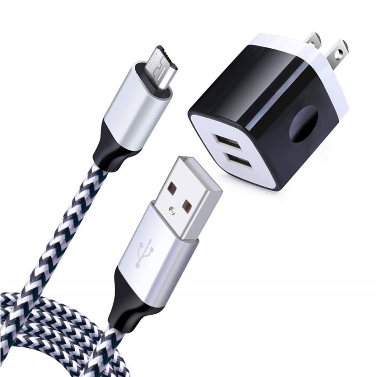 USB充電器 2ポート USB コンセント  USB ケーブル*1.8M USB電源アダプタ ACアダプター 2.1A急速充電器 android 充電ケーブル 高耐久ナイロン編み スマホ 充電器 携帯充電器 Galaxy S7 S6 Edge A6 J8 J5, LG V10 G4 G3 K30 K20 PlなどUSB-A 機器に対応(ブラック)
