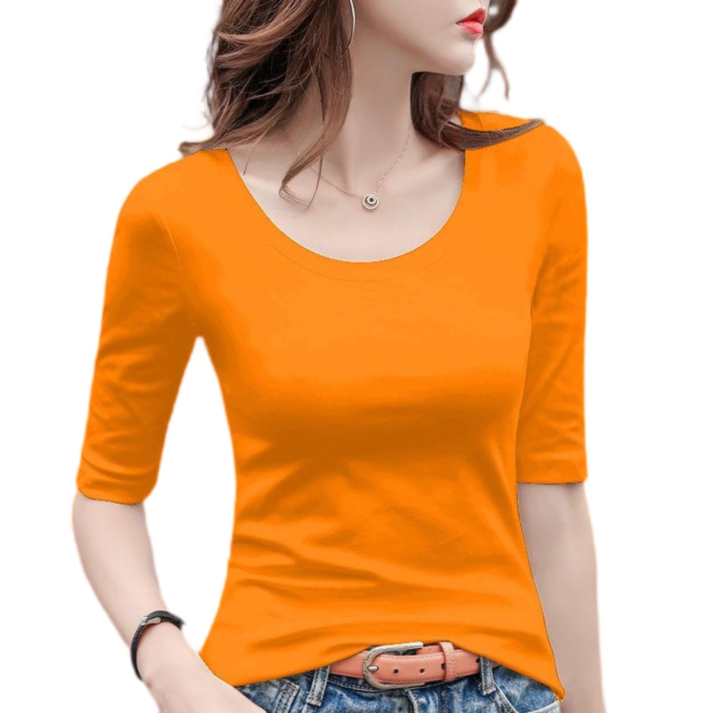 5分袖Tシャツ Tシャツ カットソー Uネック 春秋 夏 ストレッチ レディース トップス 綿 コットン 5分袖 タイト tシャツ 無地 スリム インナー シンプル カジュアル