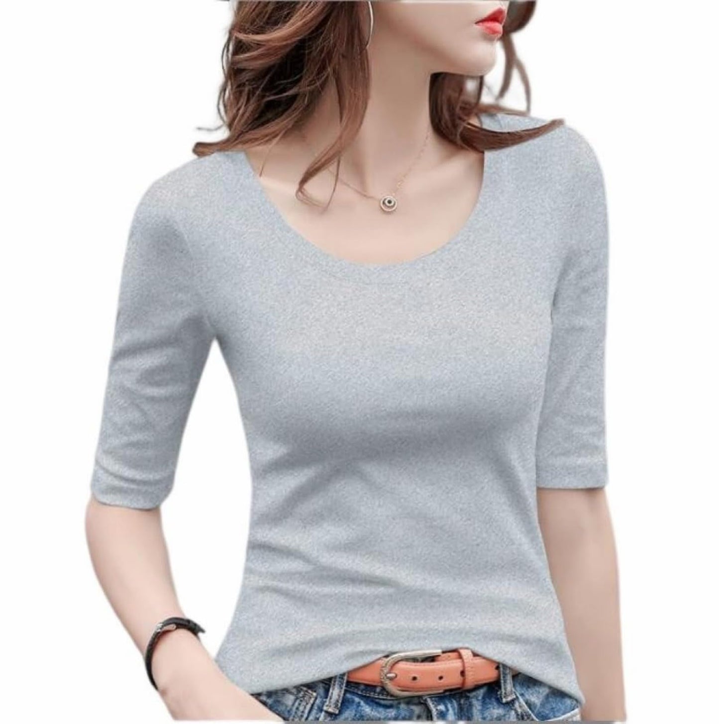5分袖Tシャツ Tシャツ カットソー Uネック 春秋 夏 ストレッチ レディース トップス 綿 コットン 5分袖 タイト tシャツ 無地 スリム インナー シンプル カジュアル
