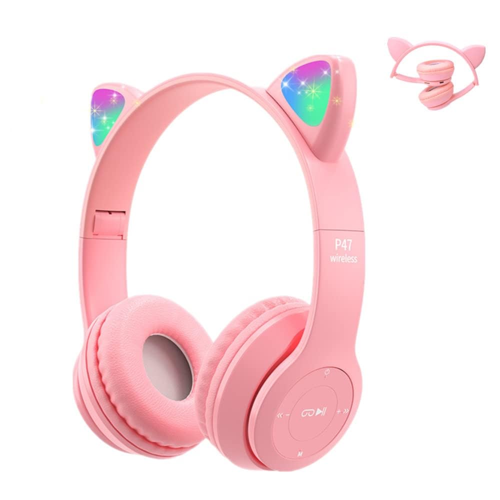 子供用ヘッドホン無線/有線ヘッドホン 85 dB安全音量制限 マイク付き 猫耳LEDライトデザイン Bluetooth5.0/ワイヤ長 1m TFカード挿入可能 サイズ調節可能 学校/タブレット/旅行/ MP3