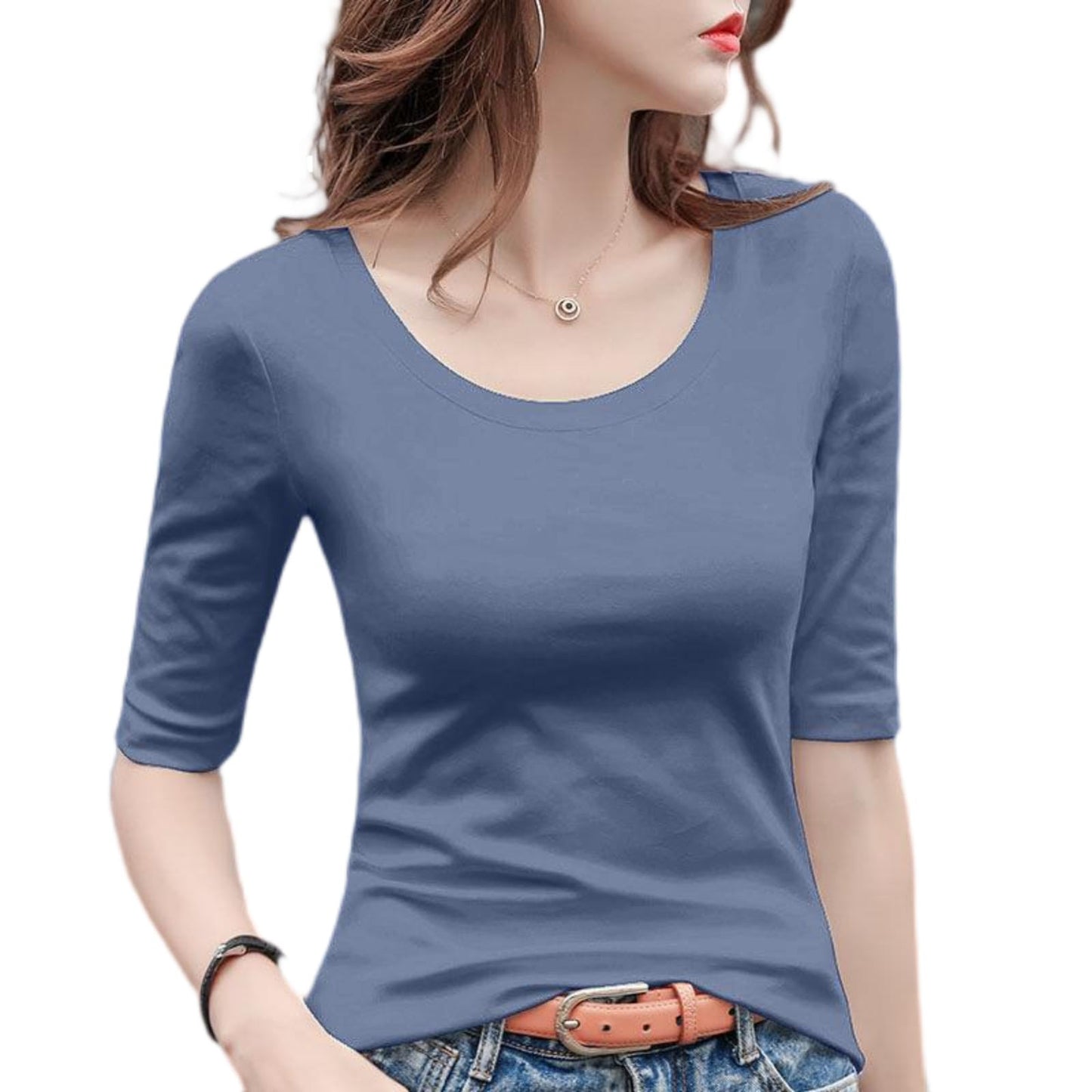5分袖Tシャツ Tシャツ カットソー Uネック 春秋 夏 ストレッチ レディース トップス 綿 コットン 5分袖 タイト tシャツ 無地 スリム インナー シンプル カジュアル