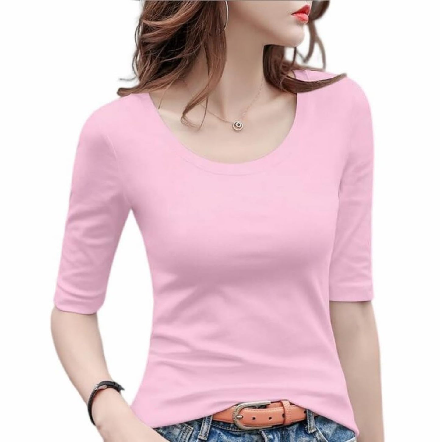 5分袖Tシャツ Tシャツ カットソー Uネック 春秋 夏 ストレッチ レディース トップス 綿 コットン 5分袖 タイト tシャツ 無地 スリム インナー シンプル カジュアル