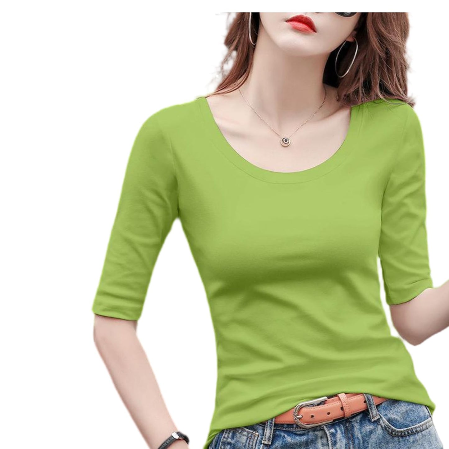 5分袖Tシャツ Tシャツ カットソー Uネック 春秋 夏 ストレッチ レディース トップス 綿 コットン 5分袖 タイト tシャツ 無地 スリム インナー シンプル カジュアル