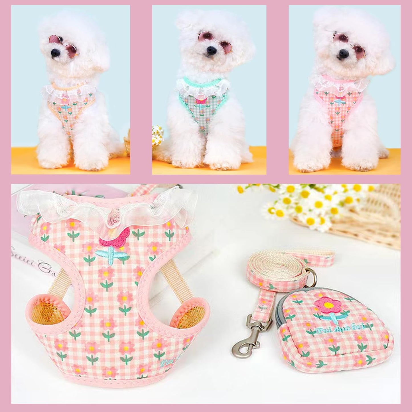 犬用ハーネス - 小型犬 猫 用ハーネス＆リードセット 通気性、簡単着脱、調節可能、安全ハンドル