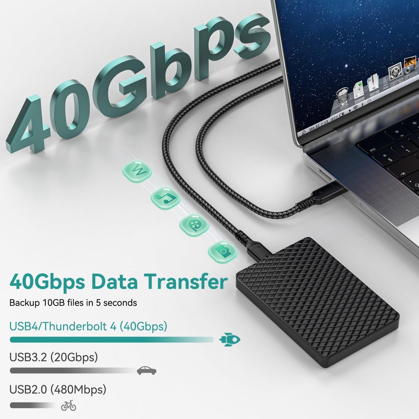 Thunderbolt 4ケーブル USB C 高速データ転送 1.8m、40Gbps 8K@60Hz ビデオ 240W急速充电、Thunderbolt 3/ USB 4と下位互換 iPhone 15 MacBook Pro Air iPad Pro/Air 他対応