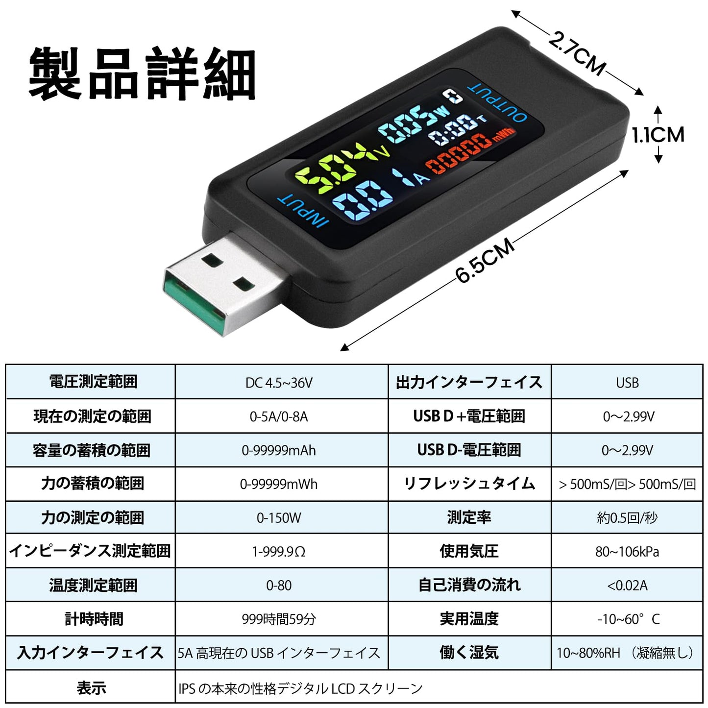 USB C テスター 多機能デジタルテスター DC 4.5-36V 0-8A 電流電圧計 電力容量テスター 複数の急速充電プロトコルに対応 HDスクリーン リアルタイムモニター メモリー機能 Type-C充電器