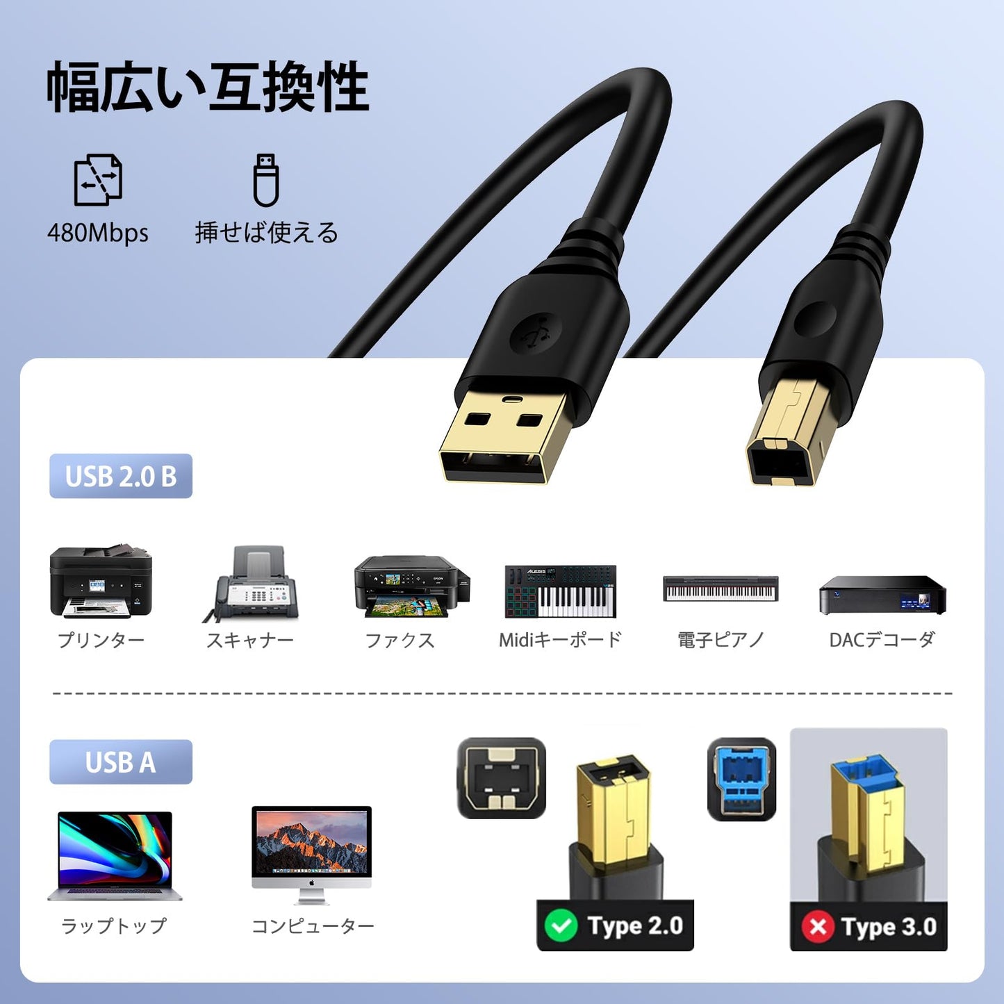 プリンターケーブル 3M USB A to USB B 金メッキ USB2.0 高速転送 Epson Canon Brother HP スキャナー/ファックス/コピー機対応