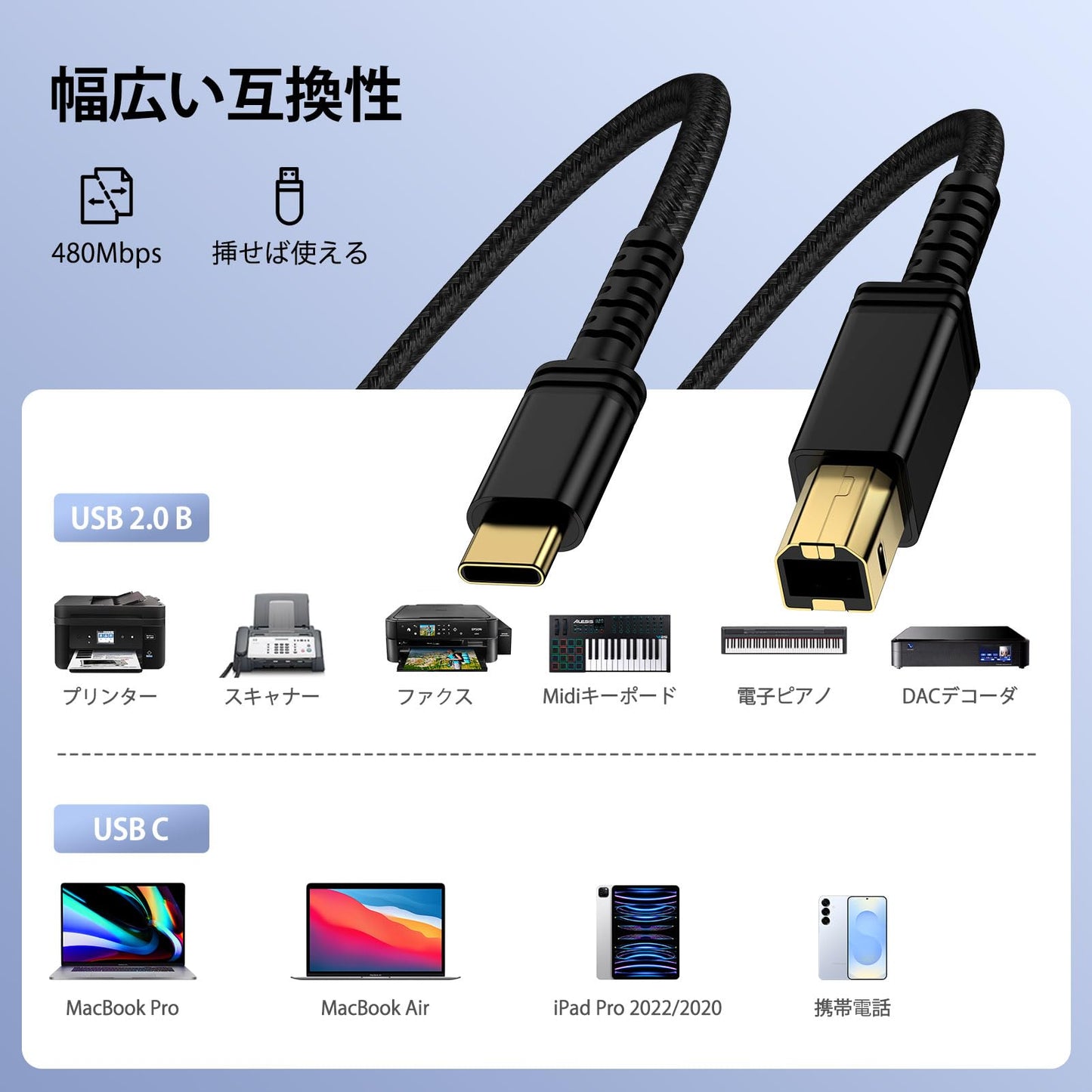 プリンターケーブル 3M USB A to USB B 金メッキ USB2.0 高速転送 Epson Canon Brother HP スキャナー/ファックス/コピー機対応