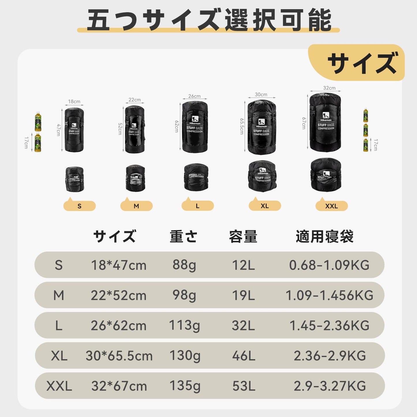 寝袋圧縮袋 50%まで圧縮 防水 46L/32L/19L 軽量 寝袋収納 圧縮バッグ 耐摩耗性 シュラフ 衣類収納 スタッフバッグ キャンプ 登山 旅行 ハイキング