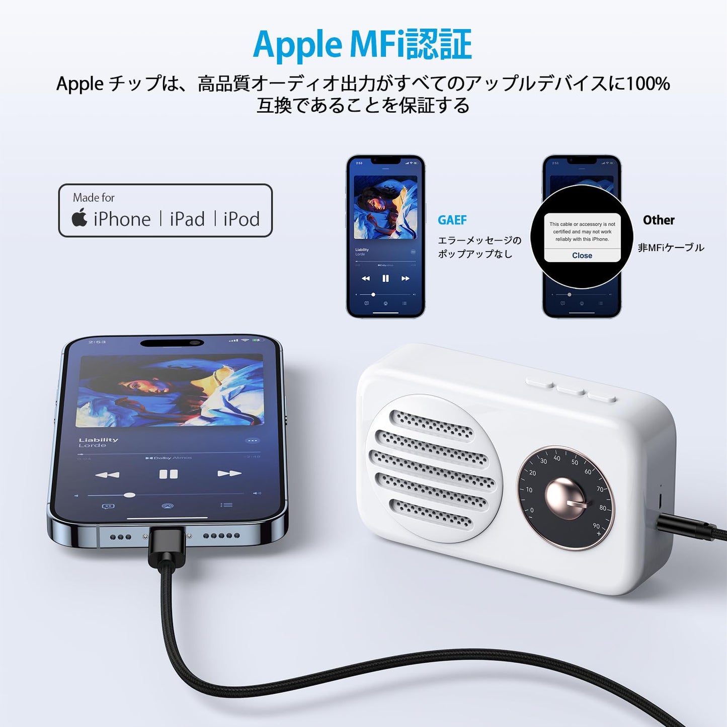 iPhone AUX ケーブル Lightning to 3.5mm ステレオケーブル HiFi音質 高耐久ナイロン編 1m MFi 認証 ライトニングオーディオ Lightning aux 変換ケーブル iphone aux 車載用オーディオケーブル iPhone/iPad/iPod用 ヘッドホン/ホームステレオ/カーステレオ/スピーカー など対応
